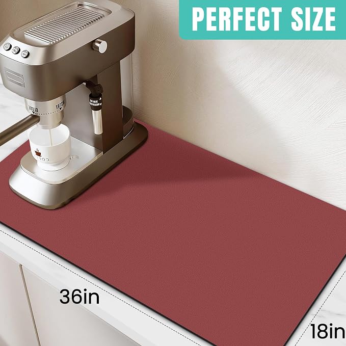 WISELIFE Coffee Mat Super Absorbent Dish Drying Mat Coffee Bar Accessories Match with Machine Large Drying Mats for Kitchen Counter 18" W x 36" L, Red