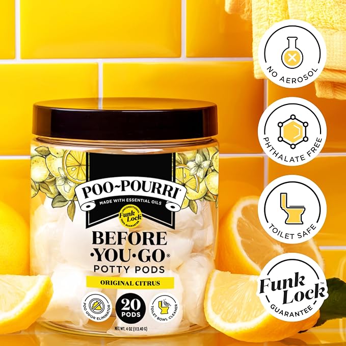 Poo-Pourri Before-You-Go 2-in-1 Toilet Potty Pods, Original Citrus, Bathroom Odor Deodorizer and Toilet Cleaner with Essential Oils, Lemon, Bergamot and Lemongrass Scent, 20 Count (Pack of 6)