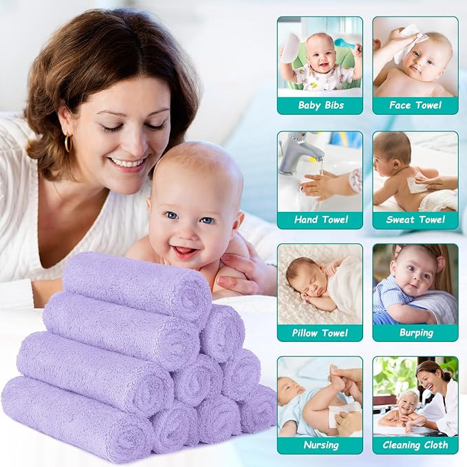 HOMEXCEL Baby Washcloths 12 Pack-Microfiber Coral Fleece Baby Bath Face Towel 7 x 9 Inch Extra Absorbent Soft Burp Cloth and Wash Cloths for Newborn-Infants and Toddlers,Purple