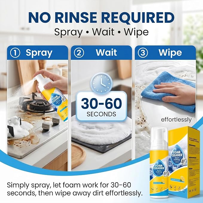 【2Pack】Foam Cleaner,4-in-1 Multi-Enzyme FoamCleaner,New Foam No-Rinse Cleaner,Multifunctional Foam-Cleaner Deep Cleaning Spray for Car Interior Leather Car Seat Cleaner,Kitchen Grease,Sofa Upholstery
