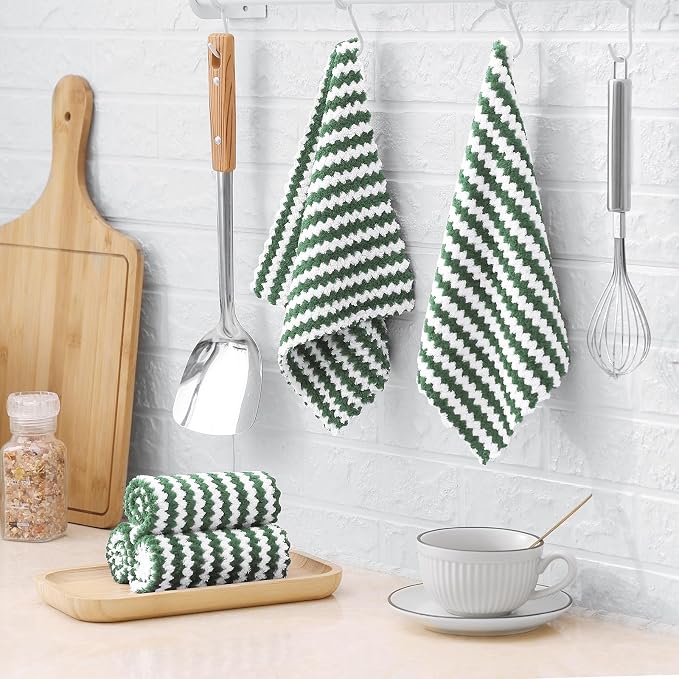 Homaxy 24 Pack Kitchen Dish Cloths, Ultra Soft and Absorbent Dish Towels, Reusable Fast Drying Microfiber Cleaning Cloth, Coral Velvet Wave Design No-lint, 10 x 10 inches, Grass Green