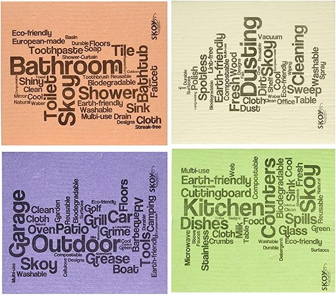 Skoy Cloth, 4-Pack Versatile Swedish Dishcloths for Kitchen and Household Use, Reusable Cleaning Cloths, Planet-Friendly, Dishwasher and Dryer-Safe, Assorted Colors