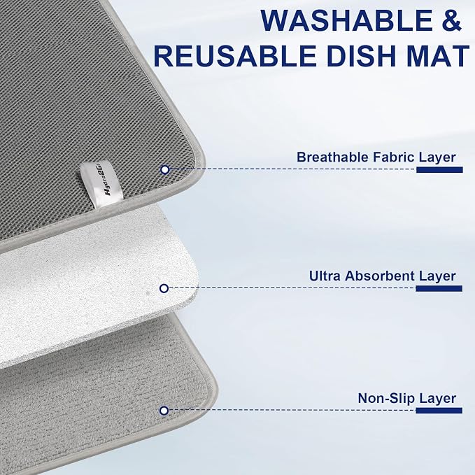 Large Dish Drying Mat 2 Pack, 23.8" x 17.3" Microfiber Ultra Absorbent Quick-Dry Dish Drying Mats for Kitchen Counter, Dish Rack Mat & Drying Pad for Countertops & Sinks, Machine Washable, Gray