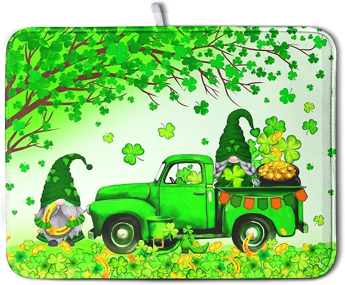 St Patrick's Day Shamrock Dish Drying Mat for Kitchen Counter Green Gnome Truck Dish Dry Mat St Patrick Spring Drying Mats Microfiber Absorbent Dish Drainer Rack Mat Large 18x24 Inch