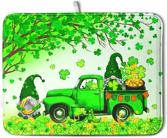 St Patrick's Day Shamrock Dish Drying Mat for Kitchen Counter Green Gnome Truck Dish Dry Mat St Patrick Spring Drying Mats Microfiber Absorbent Dish Drainer Rack Mat Large 18x24 Inch