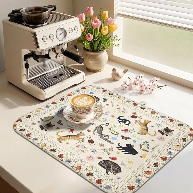 Boho Dish Drying Mat for Kitchen Counter,Flower Floral Animal Cat Farmhouse Absorbent Microfiber Reusable Washable Non-Slip Dish Drainer Draining Mats Dishes Pad for Kitchen Decor 18x16 Inch