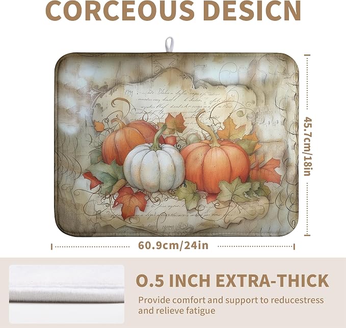 Autumn Kitchen Drying Mat 18x24 Inch Fall Pumpkin Maple Leaves Dish Drying Mats for Kitchen Counter Thanksgiving Absorbent Microfiber Dish Rack Mat for Coffee Bar Sink
