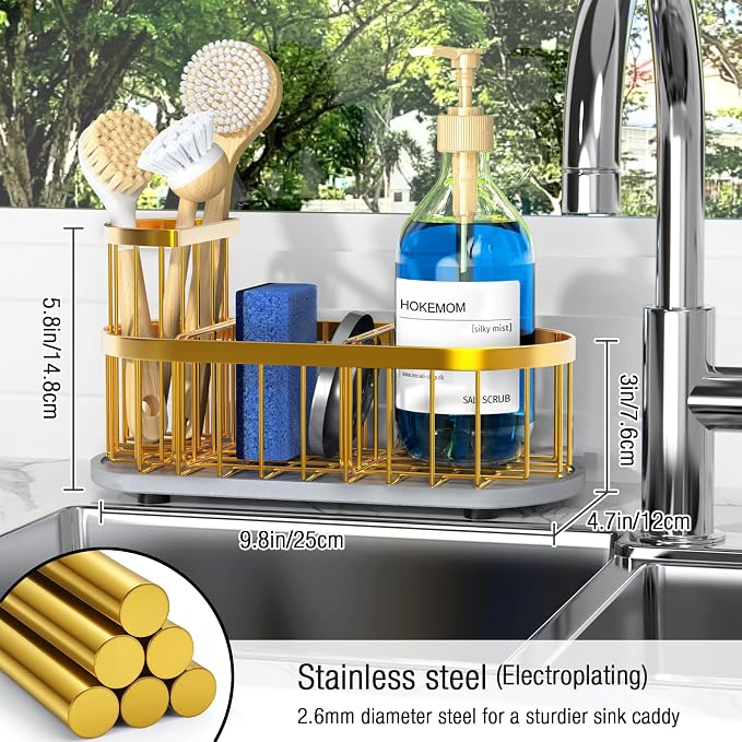 Sponge Holder for Kitchen Sink with High Brush Holder, [Stay-Dry Anywhere & No Drainage Needed] Rustproof Stainless Steel Kitchen Sink Caddy Organizer with Water Absorbing Stone Tray, Gold