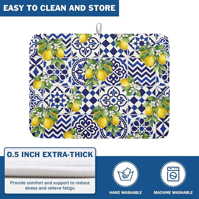 Lemon and Blue Tile Dish Drying Mat 18x24 Inch Absorbent Reversible Mexican Tilt Drying Mat Blue White Italy Lemons Dish Drying Rack Mat Summer Themed Dish Drainer Mat for Kitchen Counter Coffee Bar