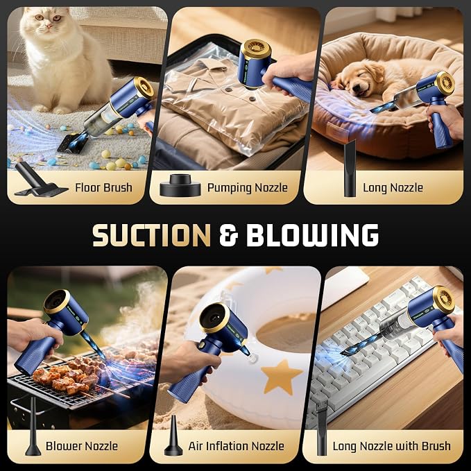 Cordless Car Vacuum Cleaner: 7-in-1 & 16000Pa Suction - Navy Blue | Handheld Vacuum Cleaner with Brushless Motor - LED Battery Display & Type-C Charging - For Car, Home, Pet Hair