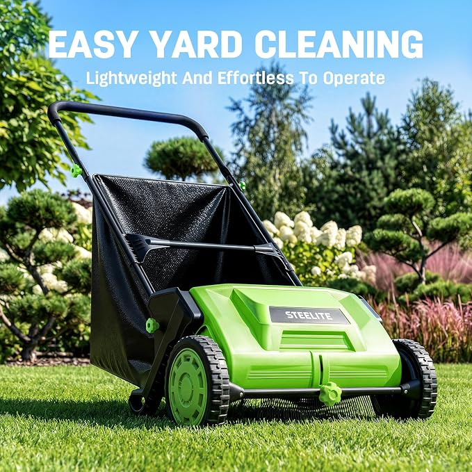 STEELITE 21inch Leaf & Grass Collector, Push Lawn Sweeper for Grass Clippings, Leaves & Debris, Manual Push Yard Sweeper with Height Adjustment & Large Collection Hopper