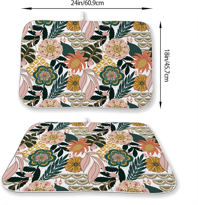 Boho Dish Drying Mat 18 x 24 Inch Pink Green Floral Drying Mat for Kitchen Counter Absorbent Bohemian Tropicla Leaves Spring Summer Dishes Dry Pad for Drainer Rack Kitchen Fast Dry