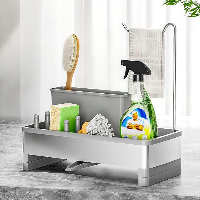 Ewaiira Sponge Holder for Kitchen Sink, Stainless Steel Sink Caddy with Brush Holder & Dishcloth Rack, Countertop Sink Organizer, Soap Dispenser Kitchen Organizers Storage Essentials (F-Gray 9.8″)