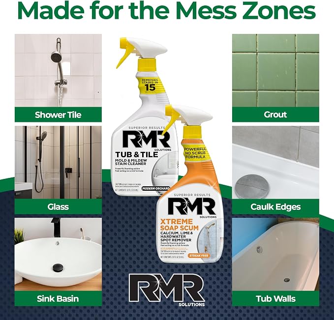 RMR Bathroom Breakthrough Bundle – Tub & Tile Cleaner + Xtreme Soap Scum Remover, 2-Step Deep Clean System for Shower, Tub, Tile, Grout, & Glass Buildup, Stains, & Grime, 2–32 Oz Bottles