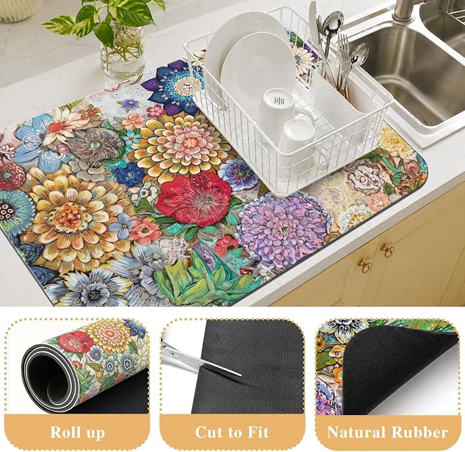 Kitchen Countertop Dish Drying Mat,Super Absorbent Coffee Bar Mat for Maker Espresso Machine, Anti-Slip Accessories for Kitchen Countertops 19x12 Inch