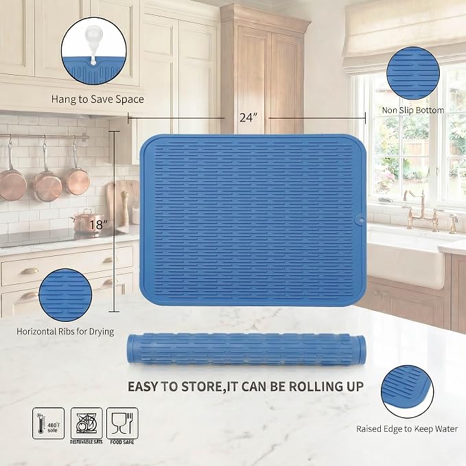 MicoYang Silicone Dish Drying Mat for Multiple Usage,Easy clean,Eco-friendly,Heat-resistant Silicone Mat for Kitchen Counter or Sink,Refrigerator or Drawer Liner Lichen BlueL 2XL 24 inches x 18 inches