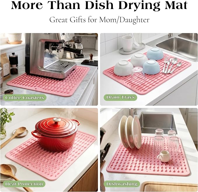 CAKETIME 2 Pack Multicolor Silicone Dish Drying Mat for Kitchen Counter Placemats Chef Mother Essentials Espresso Machine Station Utensil Holder Rack Washer Trivets Oven Tools Cute Girl Pink Gifts