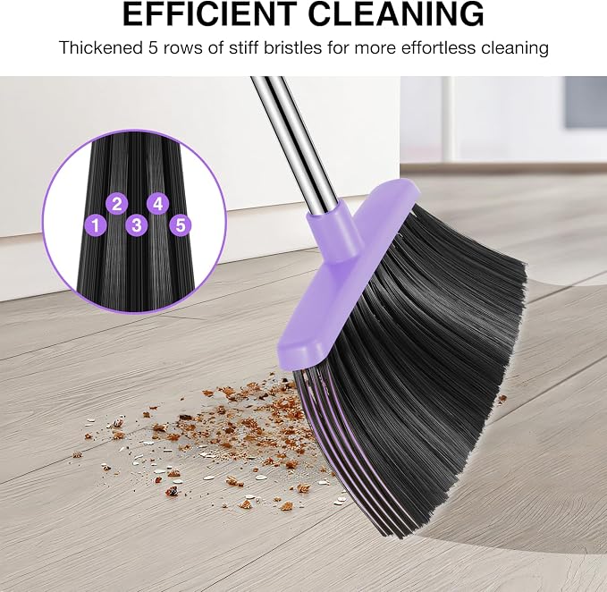 NACENA Broom and Dustpan Set with 52-in Long Adjustable Handle, Purple | Broom Dustpan Combo with Dustpan Teeth to Automatically Clean Hair Suitable for Home Kitchen Office Hall Floor