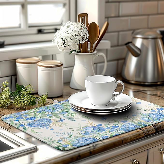 Blue Hydrangea Floral Dish Drying Mat for Kitchen Counter Spring Butterfly Flower Drainer Mat Absorbent Reversible Microfiber Heat Resistant Dry Pad Reusable Washable Dishes Pad 18x24 Inch