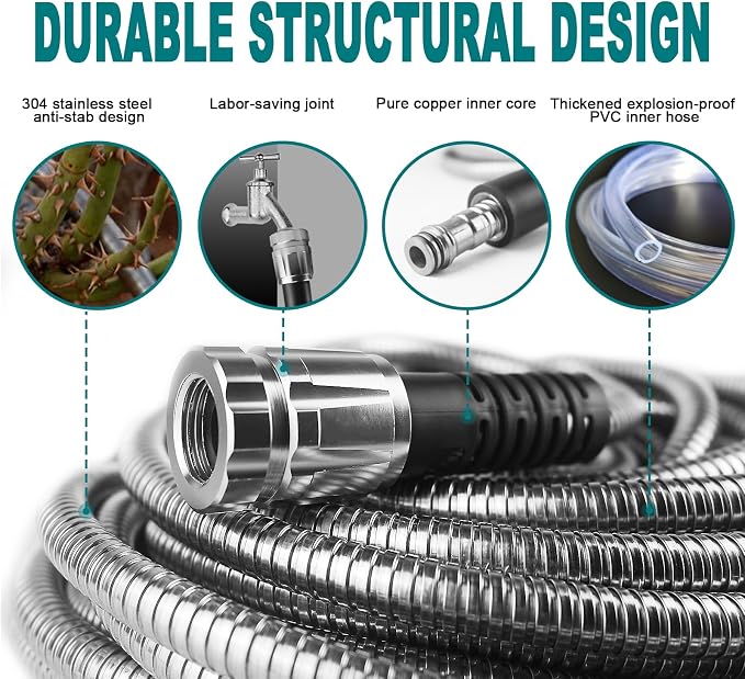 25FT Metal Garden Hose - Stainless Steel, Heavy Duty, Flexible & Lightweight, Never Kink and Tangle, with 10-Function Nozzle, Pressure Resistant for Outdoor Use (Grey)