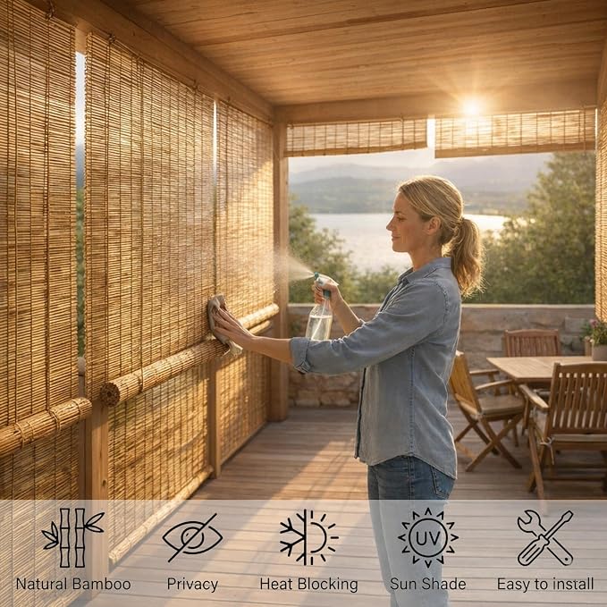 Bamboo Blinds Outdoor, Breathable Bamboo Roller Shades for Outside Patio, 36" 48" 60" 64" 72" 78" Width Privacy Sun Shade, Cordless Bamboo Roll Up Shades for Porch Backyard(62" W x 48" H)