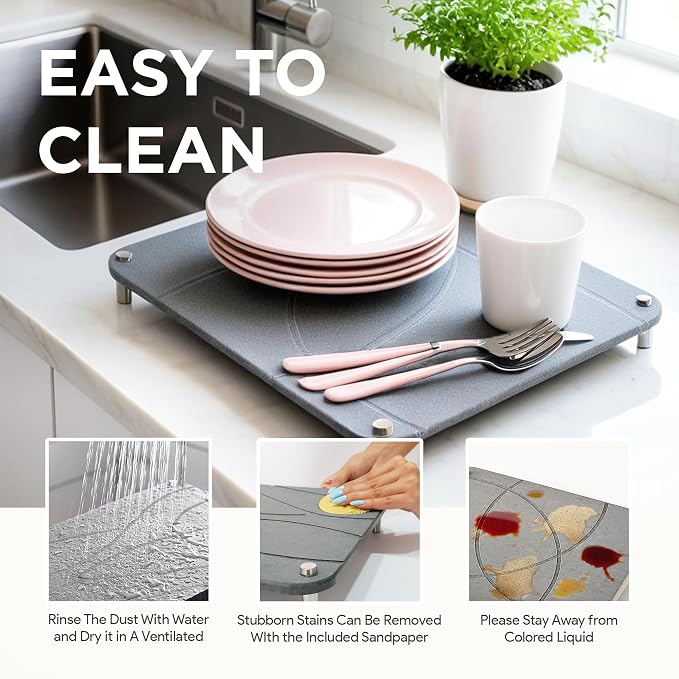 Nested Dish Drying Stone Mat with Bamboo Rack | Large 16"x12" Dish Drying Mat plus 13"x12" Diatomaceous Earth Stone Mat | Expands to 29” x 12” | Premium Stone Mat for Kitchen Counter (Dark Gray)