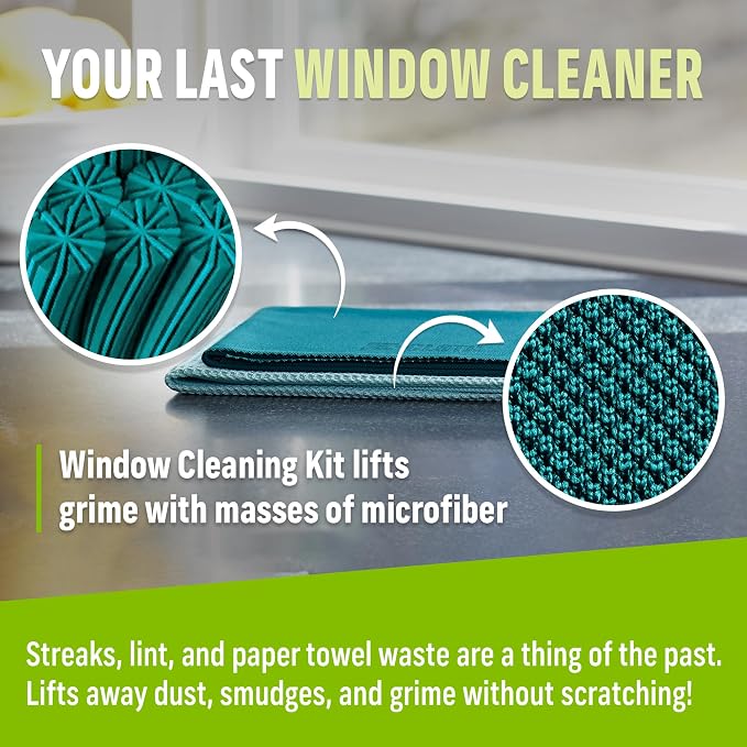 E-Cloth Window and Glass Cleaner Kit, Just Add Water - 1 Kit | Chemical-Free Cleaning - Reusable & Machine Washable Towel, Versatile Use for Mirrors, Cars, & Lenses, Winter Green