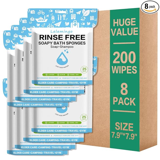 Disposable Rinse Free Bath Sponges, No Rinse Bathing Wipes for Adults, Soap Infused Dry Shower Wipes for Elderly, Bedridden, Camping, Post Surgery (pphm-08)