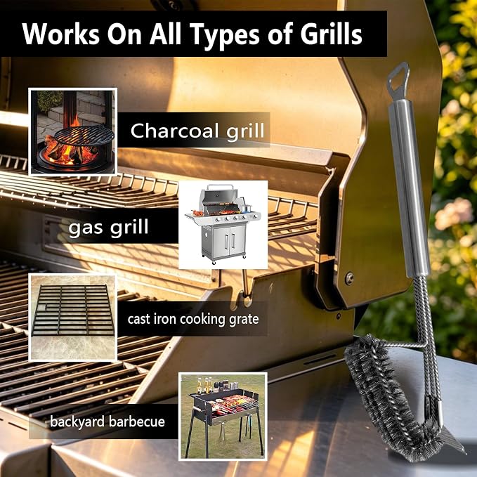 Grill Cleaning Brush with Scraper, Stainless Steel BBQ Grate Tool | 3-in-1 grill cleaner with scraper and bottle opener, anti-rust steel bristles works for gas, charcoal, porcelain grills