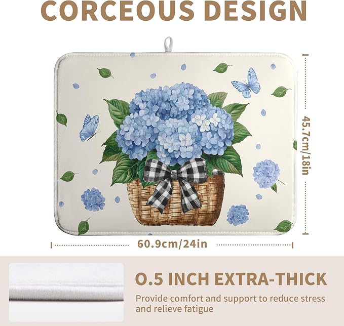 Spring Hydrangea Dish Drying Mats Spring Summer Floral Dish Mat Blue Flowers Butterfly Drying Matt Dishes Dryer Pad for Kitchen Counter Absorbent Microfiber Washable Foldable Reusable 18x24 in