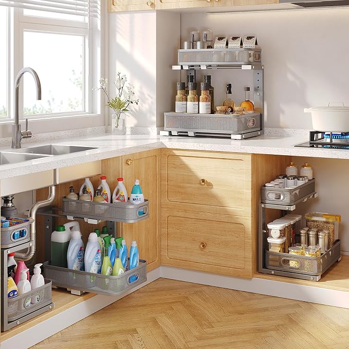 2 Pack 21.3IN-Depth Under Sink Organizer with Smooth Cylindrical Rail,2-Tier Pull Out Multi-Purpose Cabinet Storage for Bathroom&Kitchen,Height Adjustable,Rust-Resistant Coating-Gun Gray
