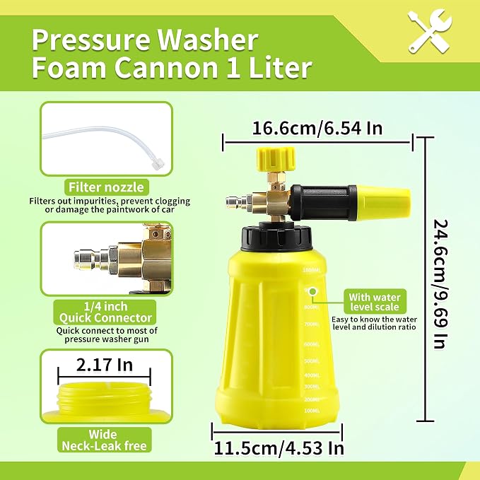 FIXFANS Foam Cannon, Compatible with Portland Husky Ryobi Pressure Washer | Wide Neck Pressure Washer Foam Lance, Power Washer Foam Blaster, 1/4 Inch Quick Connector, 5 Nozzles, 1L