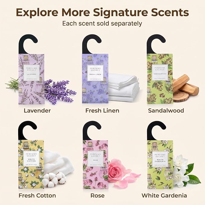 Large 12 Packs Sandalwood Hanging Scented Sachets Long-Lasting Closet Deodorizer Air Freshener Fabric Refresher Odor Eliminator for Drawer Home Fragrance Gift Set