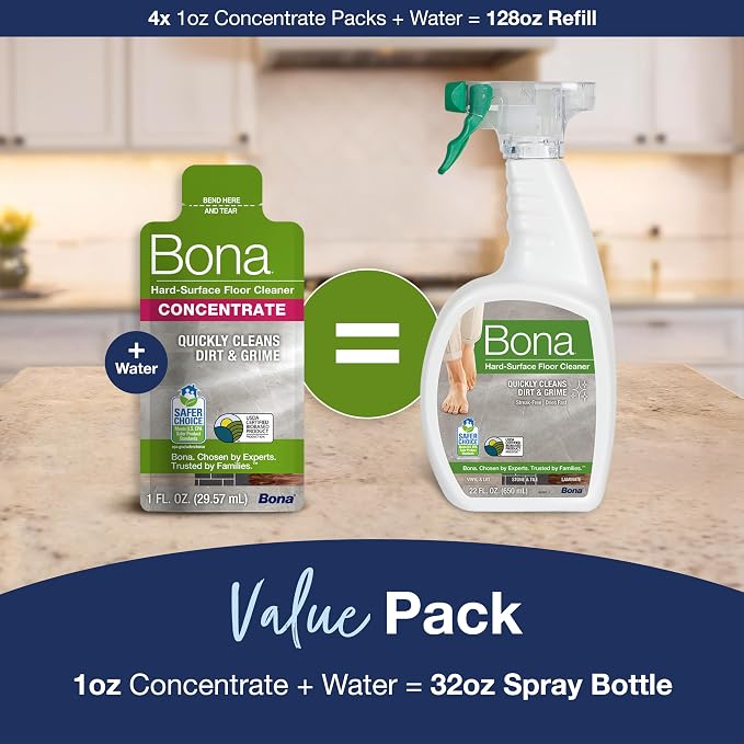 Bona Multi-Surface Floor Cleaner Concentrate - 1 fl oz - 4-Pack - Residue-Free Floor Cleaning Solution for Bona Spray Mop and Spray Bottle Refill - For Stone, Tile, Laminate, and Vinyl Floors