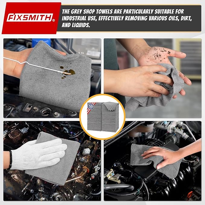 FIXSMITH Microfiber Cleaning Cloth, Shop Towels Bulk, 24 Pack Grey Microfiber Towels for Cars, All-Purpose Absorbent Cleaning Rags, Dust Cloth for Automotive, Mechanic, Garage, Bar, 12 x 11 inch
