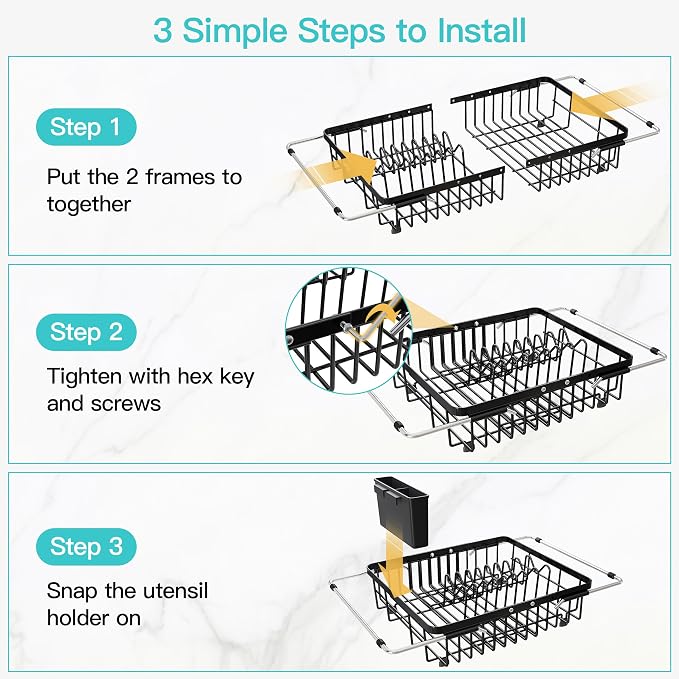 JASIWAY Expandable Stainless Steel Black Over The Sink Dish Drying Rack for Small Kitchen Counter Space Saving, Compact Plate Drainer Strainer, Adjustable Hanging Metal Dish Dryer with Utensil Holder