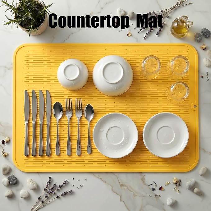 MicoYang Silicone Dish Drying Mat for Multiple Usage,Easy clean,Eco-friendly,Heat-resistant Silicone Mat for Kitchen Counter or Sink,Refrigerator or Drawer Liner Yellow 4XL 32 inches x 18 inches