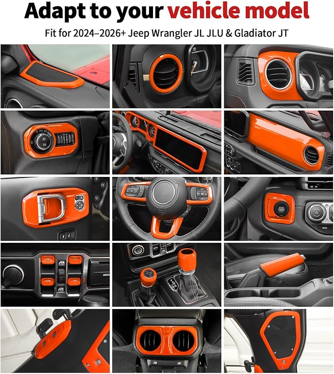 JWWY Interior Trim Kit Dress-Up Kit Decor Set Center Console Gear Shift Dashboard Panel,Door Window Switch Knob Speaker Cover Trim for 2024–2026 Jeep Wrangler JL JLU & Gladiator JT Oranger 28pcs