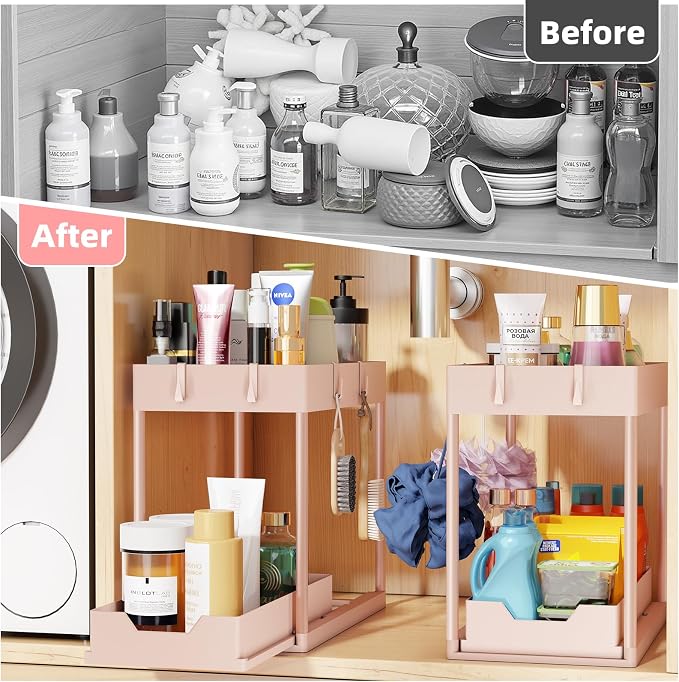 Simple Trending Under Sink Organizer 2 Pack, Sink Pull-Out Sliding Storage Cabinet, 2-Tier Under Shelf Organizer for Kitchen Bathroom, Pink