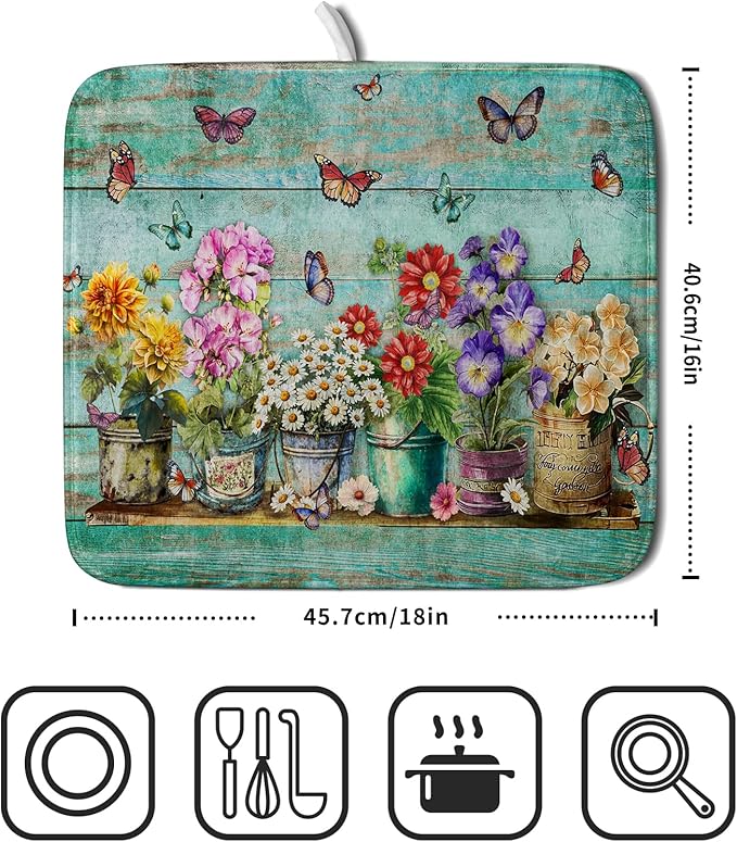 Flower Dish Drying Mat for Kitchen Counter 16x18 Inch Rustic Vintage Microfiber Absorbent Dishes Drainer Mats