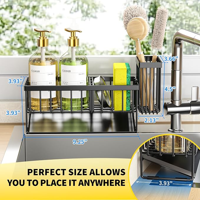 Cisily Sink Caddy Sponge Holder for Kitchen with Brush Holder and Stainless Steel Self Drain Tray, Rustproof Kitchen Sink Organizer for Sponge, Soap Dispenser Storage Accessories