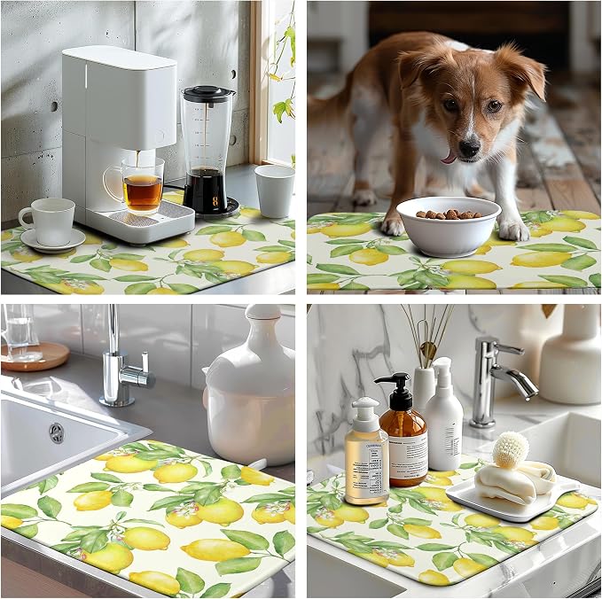 Summer Lemon Drying Mat Watercolor Fruit Yellow Lemon With Green Leaf Floral Dish Drying Mats for Kitchen Counter 18×24 Inch Microfiber Absorbent Dish Pad