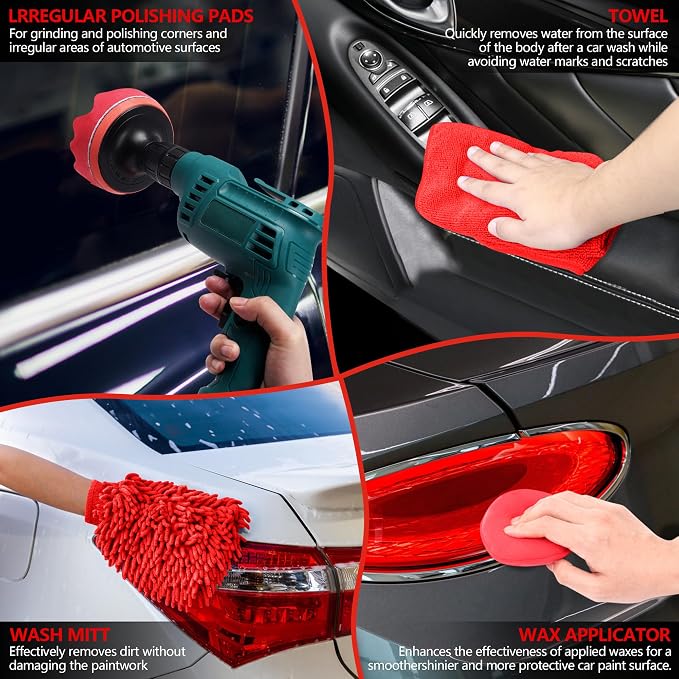 32Pcs Red Car Detailing Kit – Brush Set & Cleaning Kit with Drill Brush, Polishing/Waxing Pads, Interior/Exterior Tools for Wheels & Windshield – Portable Handbag