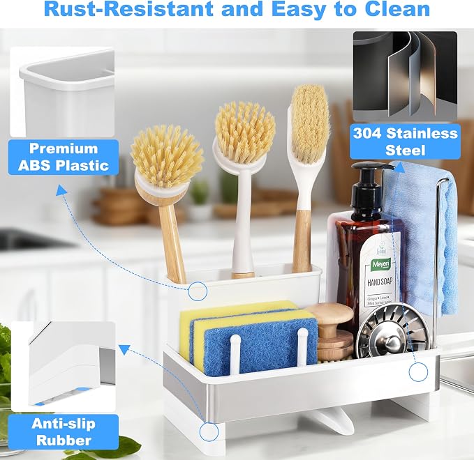 Sponge Holder for Kitchen Sink Caddy Organizer, Dish Brush Holder | Stainless Steel Sponge Caddy for Kitchen Countertop Organizer, Rustproof Dish Soap and Sponge Rack with Dishcloth Drying Rack