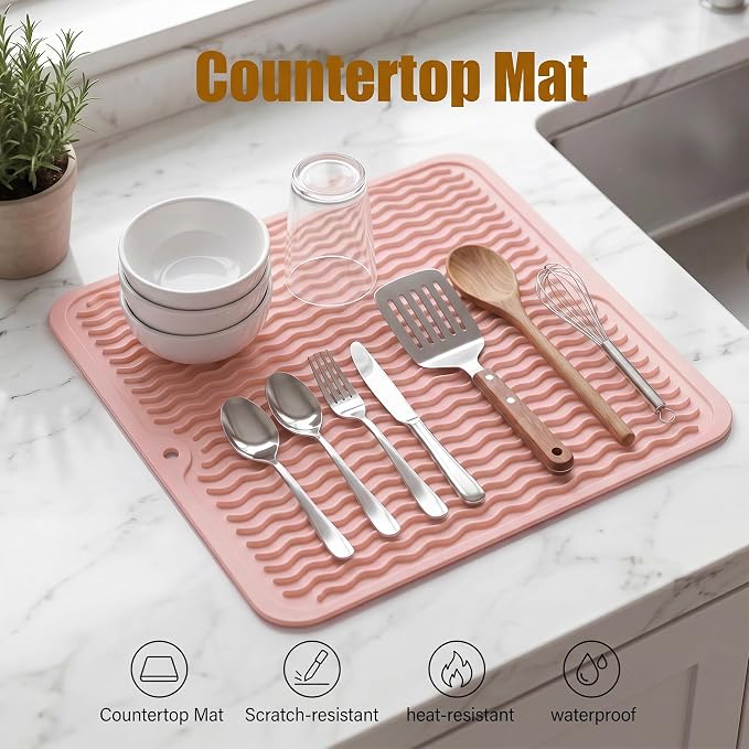 MicoYang Silicone Dish Drying Mat for Multiple Usage,Easy clean,Eco-friendly,Heat-resistant Silicone Mat for Kitchen Counter or Sink,Refrigerator or Drawer liner Pink M 12 inches x 12 inches