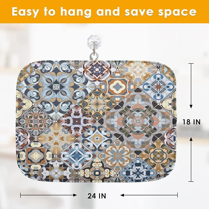 Sanwarm Absorbent Dish Drying Mat, Retro Colorful Tiles Vintage Floral Microfiber Pad for Kitchen Counter, Coffee Bar Decor, Heat Resistant and Reversible, 18" x 24"