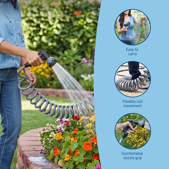 Orbit Coil Garden Hose with 8-Pattern Nozzle, 25 ft., Gray - 26382