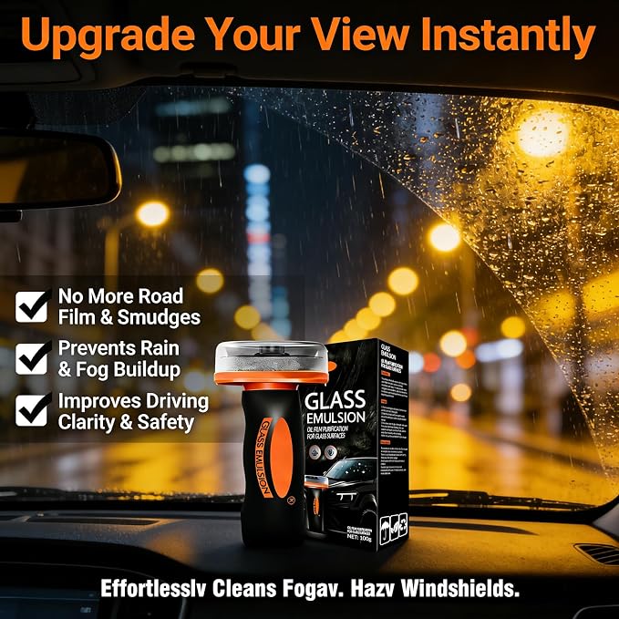 Glass Emulsion Cleaner & Glass Oil Film Remover for Cars – Roll-On Glass Guard with Brush, Removes Oil, Grease & Fog, Anti-Fog Windshield Cleaner for Clear Driving Visibility (Orange)