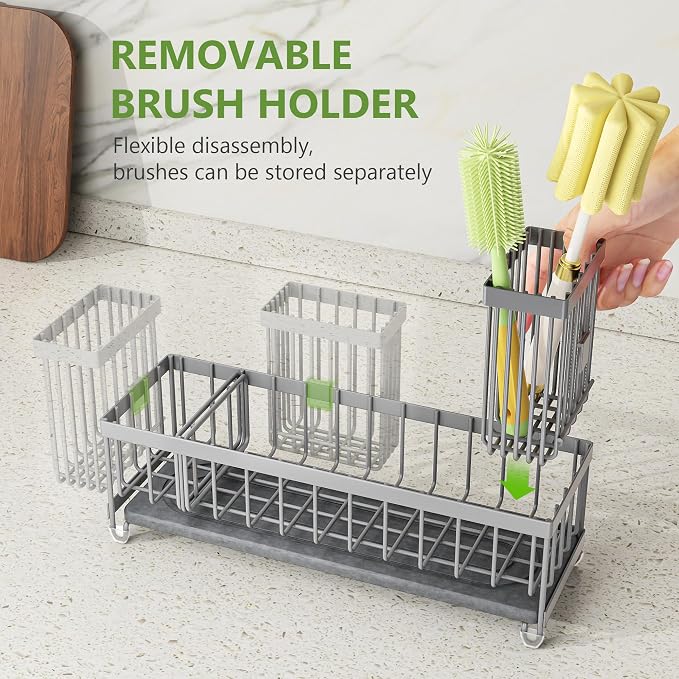 Cisily Extra Large Sink Caddy Organizer with Drying Stone, Gray Sponge Holder for Kitchen, Dish Brush Holder for Countertop, Kitchen Decor Storage and Essentials