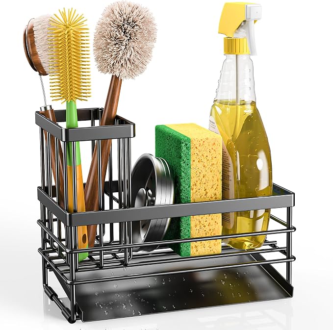 Cisily Sink Caddy Sponge Holder for Kitchen with Brush Holder and Stainless Steel Self Drain Tray, Rustproof Kitchen Sink Organizer for Sponge, Soap Dispenser Storage Accessories